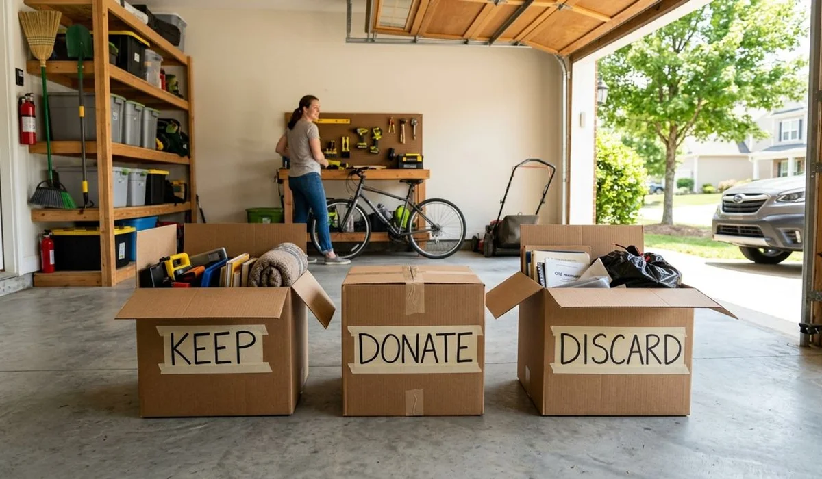 Sorted, labeled boxes on a tidy residential floor in Charleston
